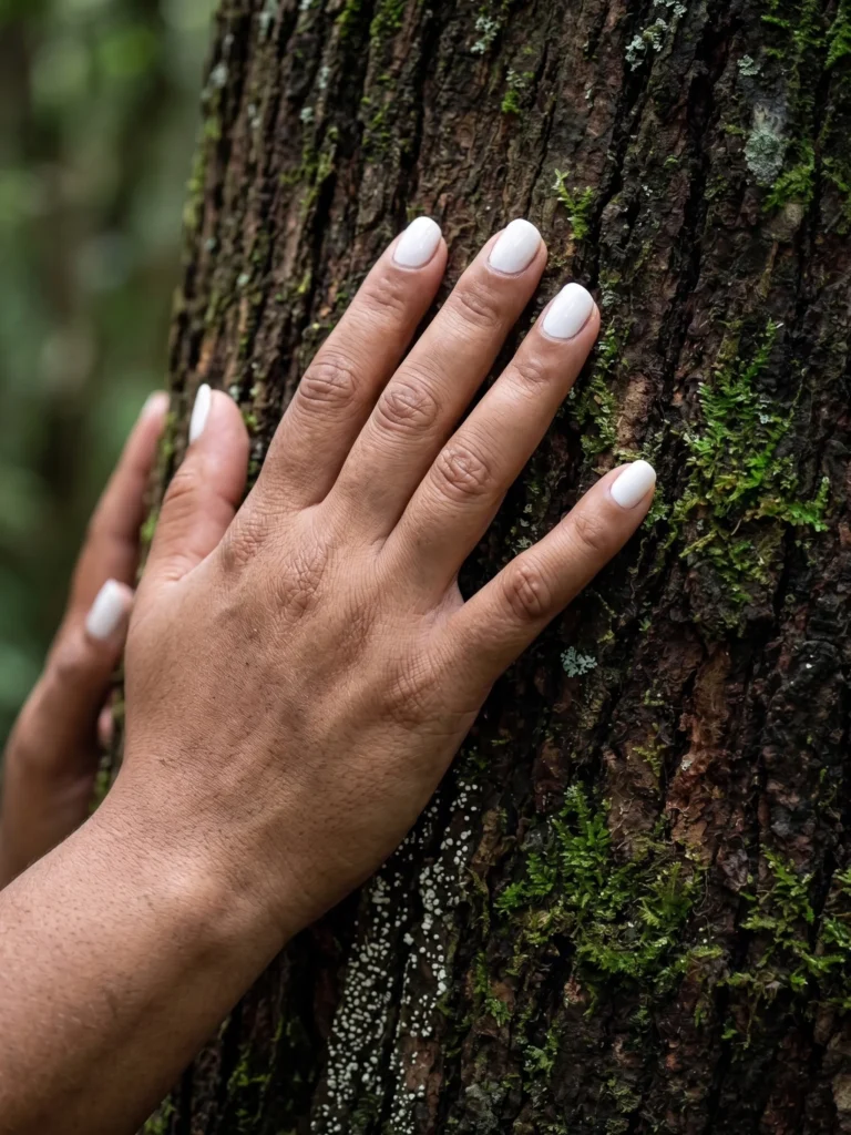 Mano apoyada en la corteza de un árbol, reconexión sensorial en Fundación Ser Naturaleza